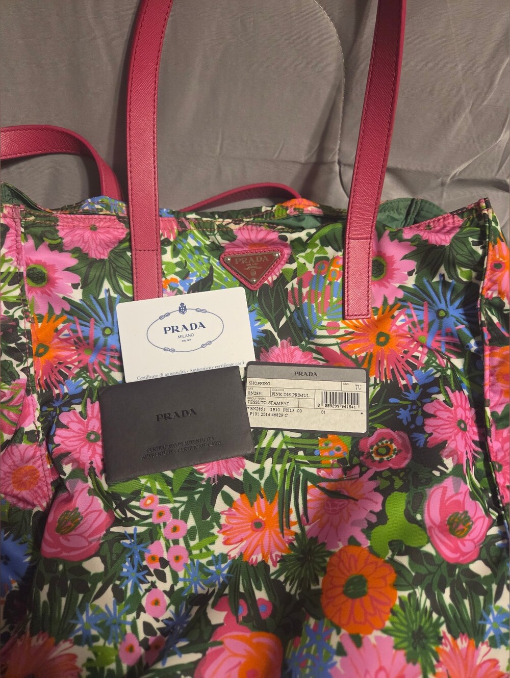 Prada Floral Nylon Tote with Pink Leather Trim EUC Unique Design HARD TO FIND